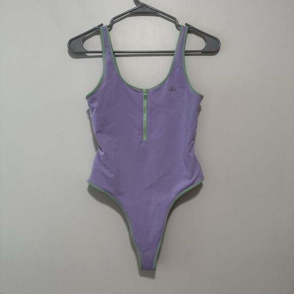 Alo Yoga Supernova Purple Thong Bodysuit Green Trim Zipper - Picture 3 of 8